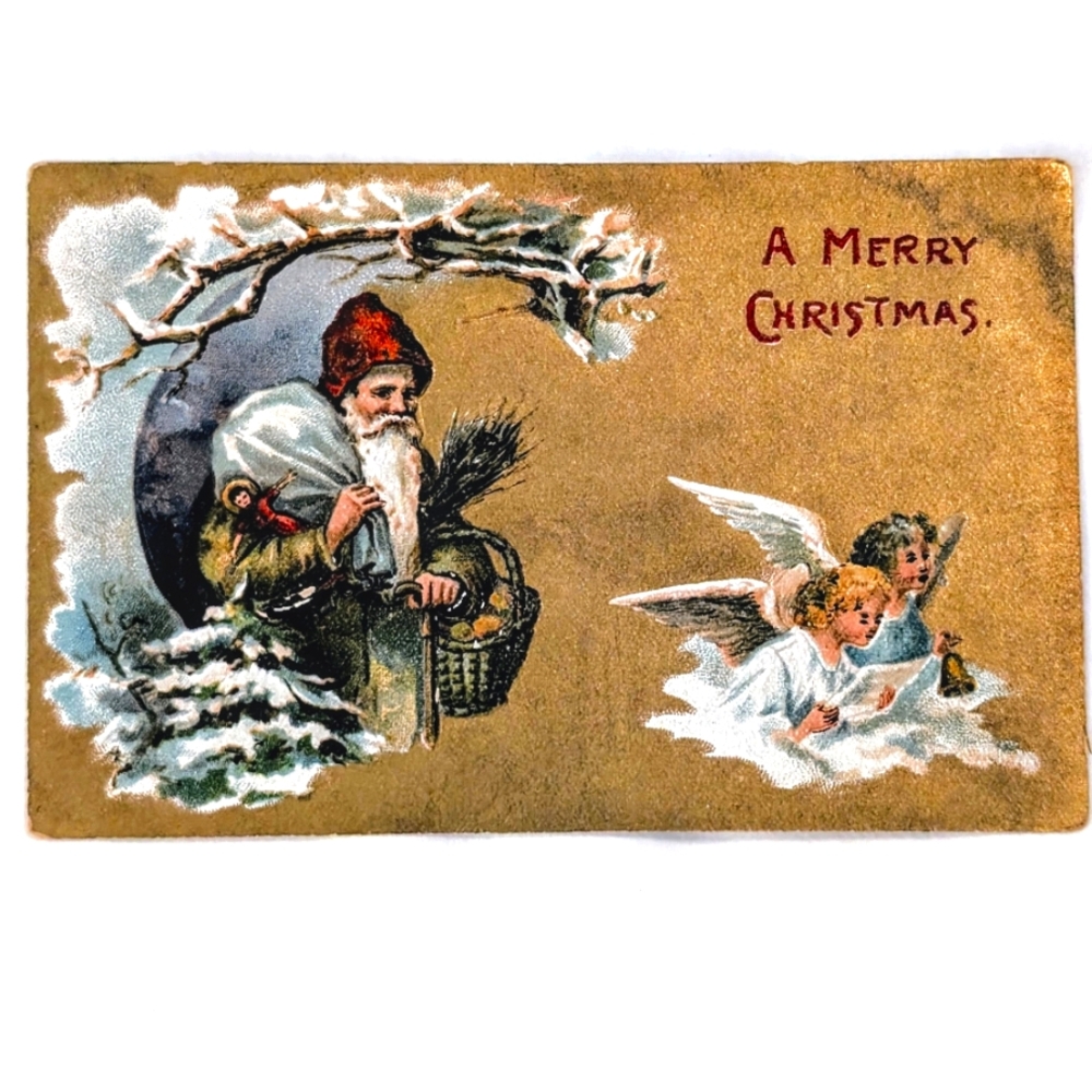 Antique 1906 Embossed Christmas Postcard – Santa Claus, Basket & Angels – Mailed